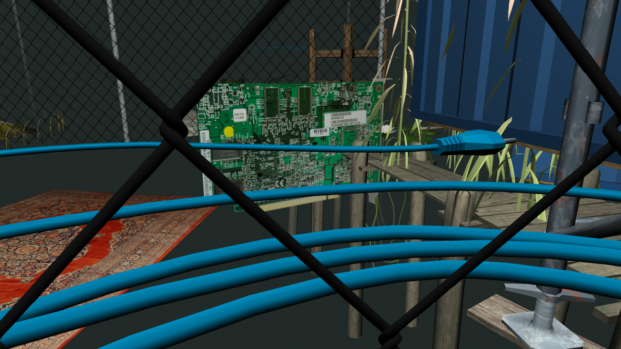 Digitale Animation eines dunklen Raumes mit einer Platine und einem großen blauen Kabel