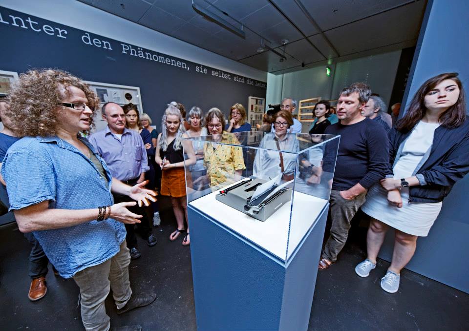People in front of a showcase