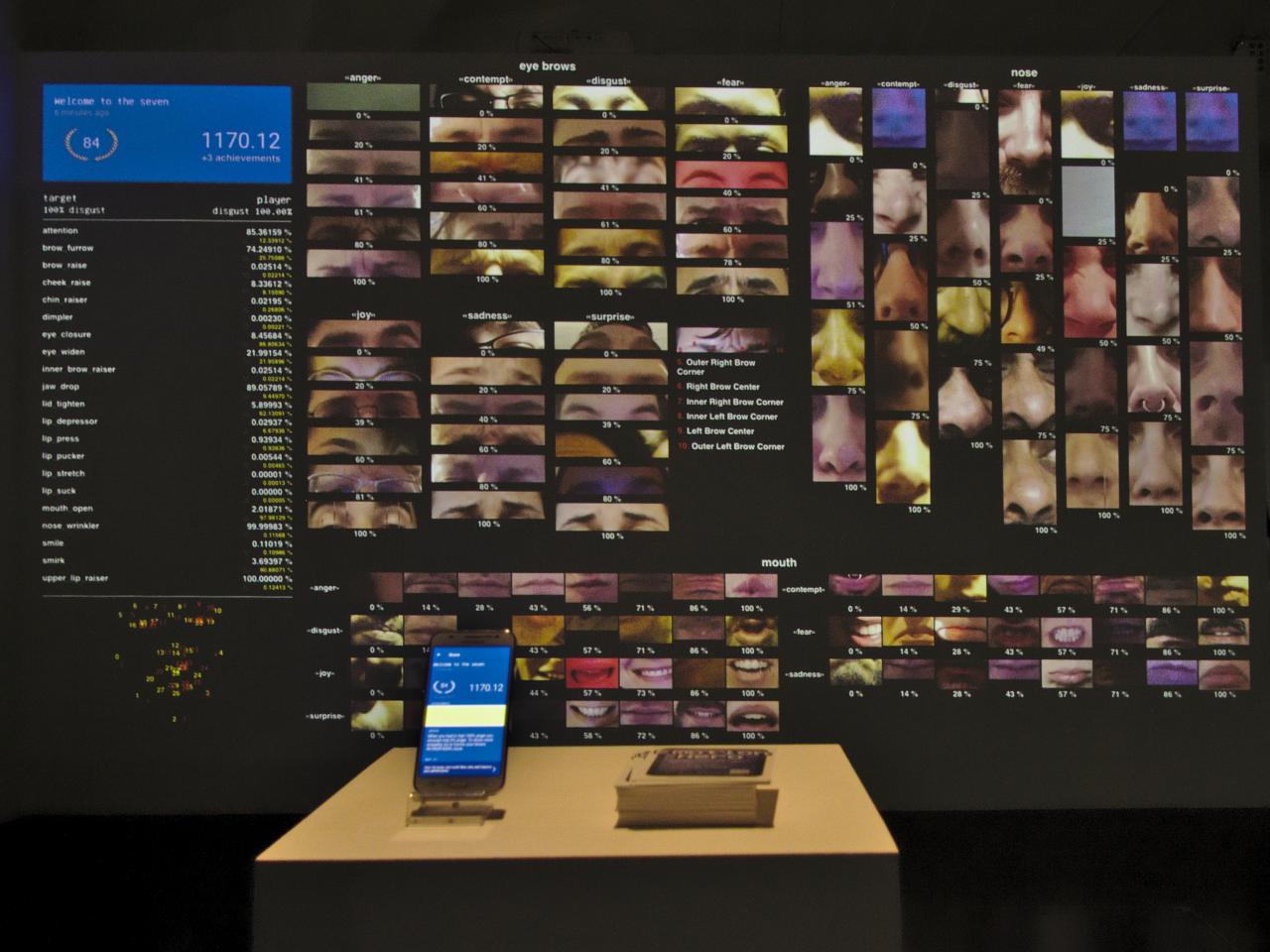 Die Installation zeigt einen Screen mit verschiedenen Gesichtsmerkmalen und einem Display mit einem Smartphone