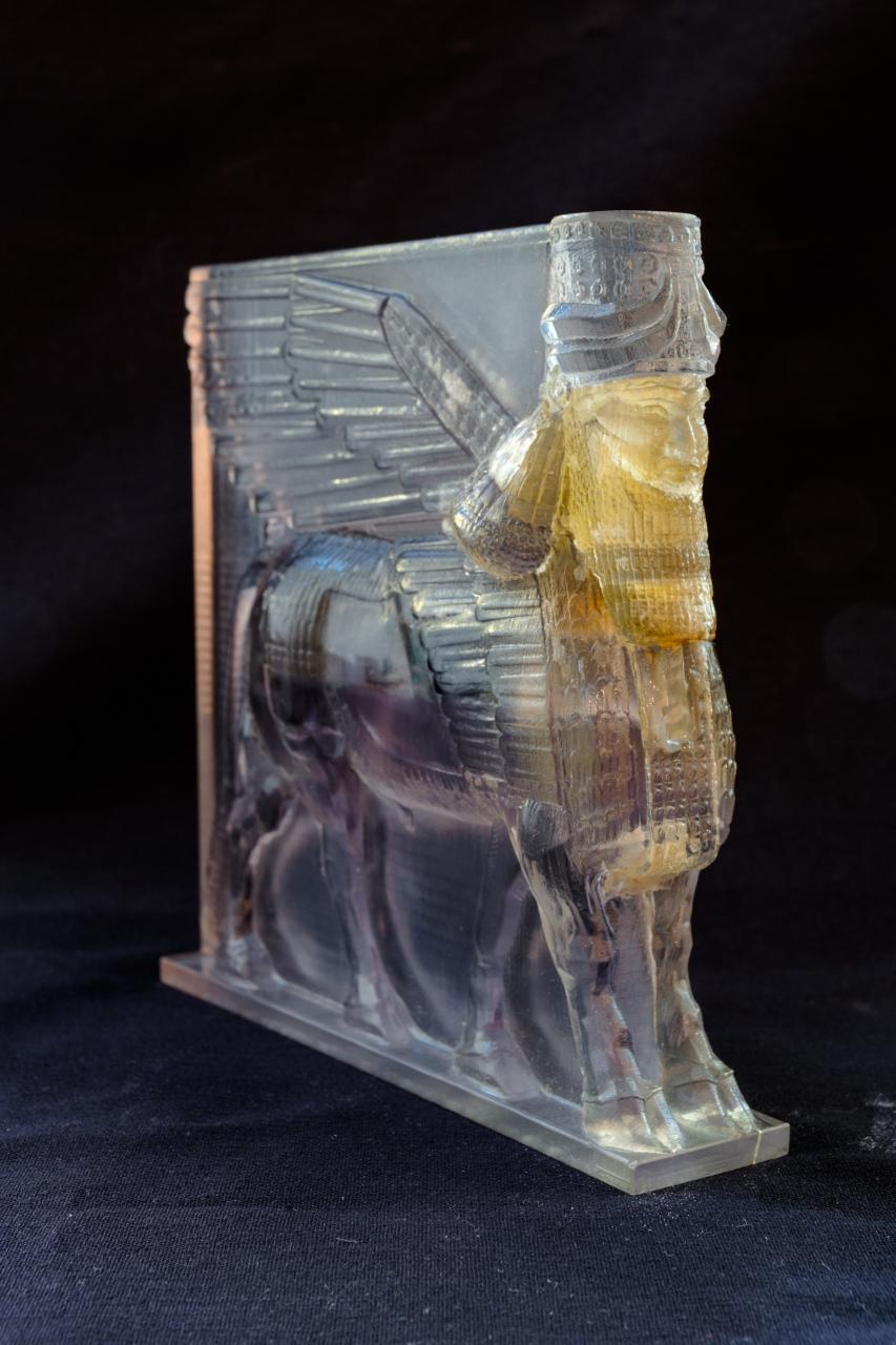 The picture shows »Lamassu« from the series »Material Speculations: ISIS«, a 3D printed statue with electrical components