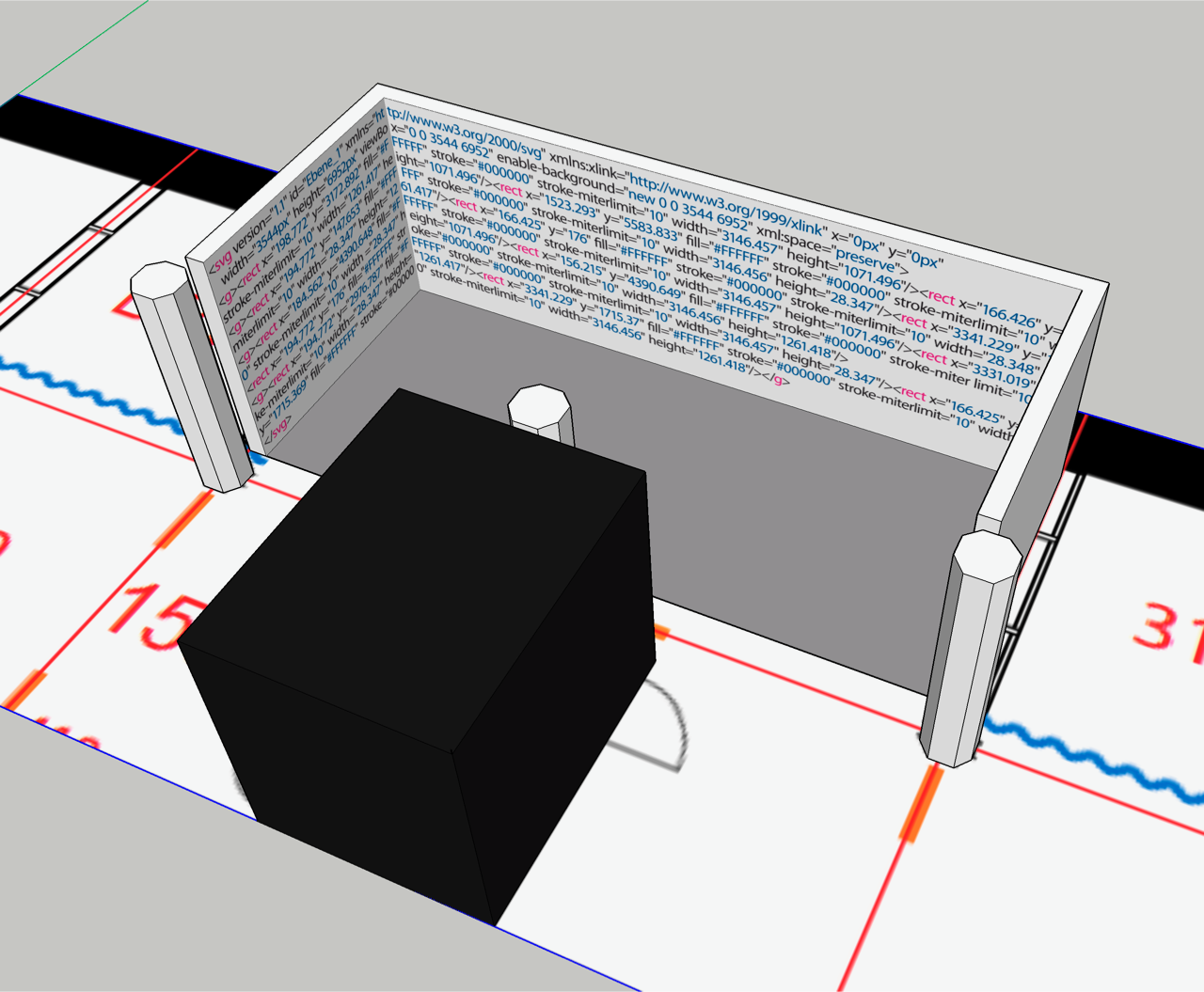 Simulation of an installation with computer code on three movable walls