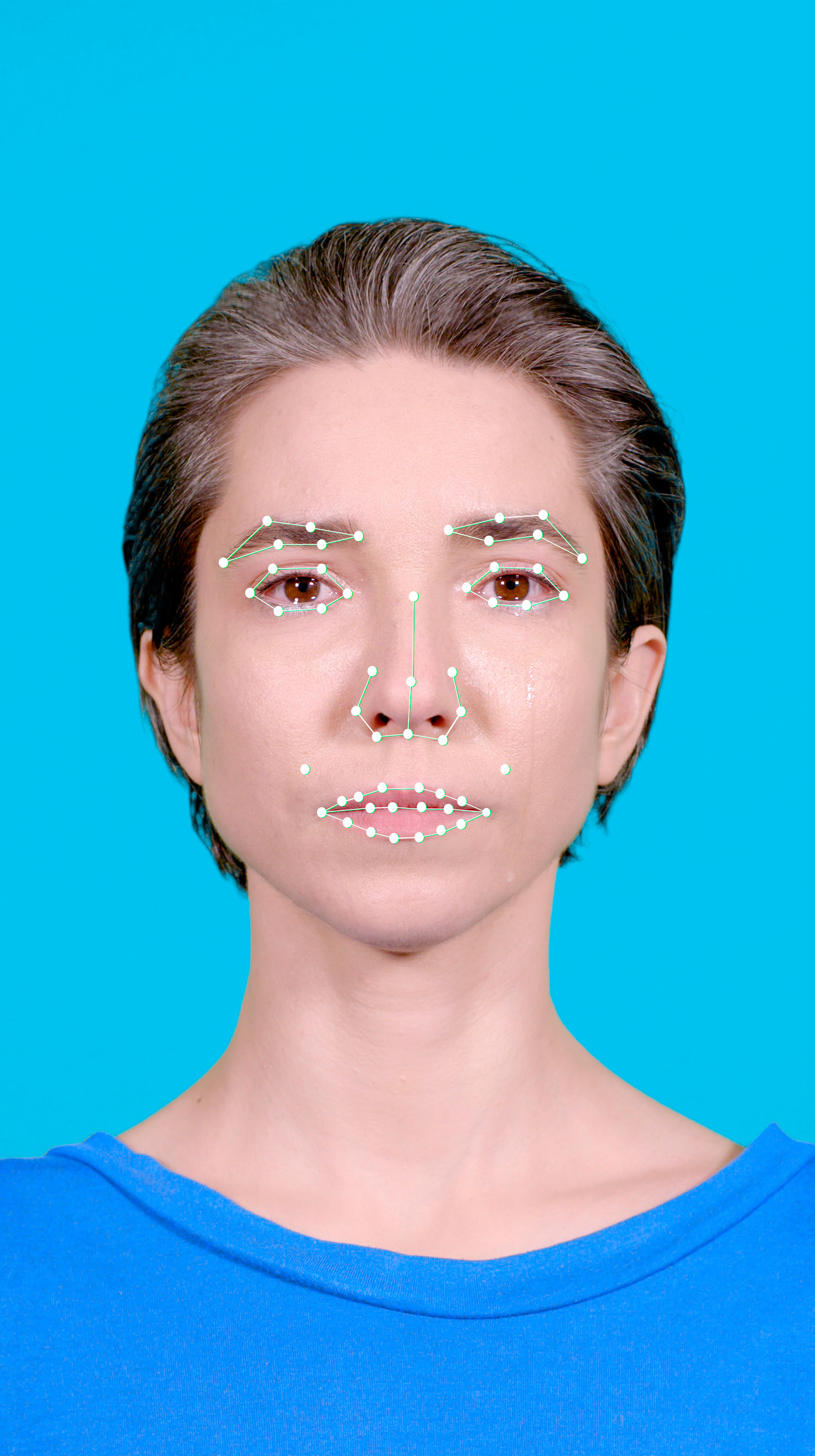 The screenshot shows a woman looking frontally into the camera. Different parts of the face are surrounded by dots and lines.
