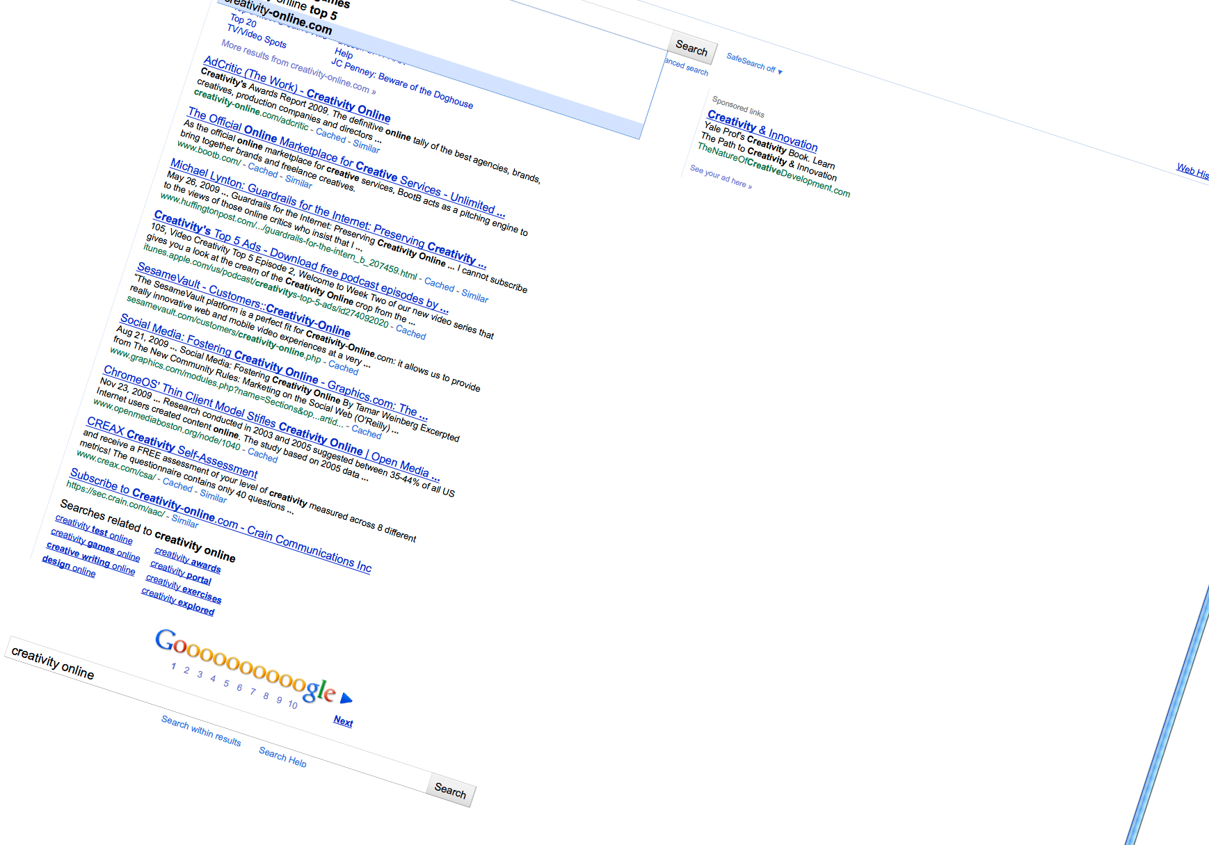 Screenshot of a twisted Google search website with the search »creativity online«.