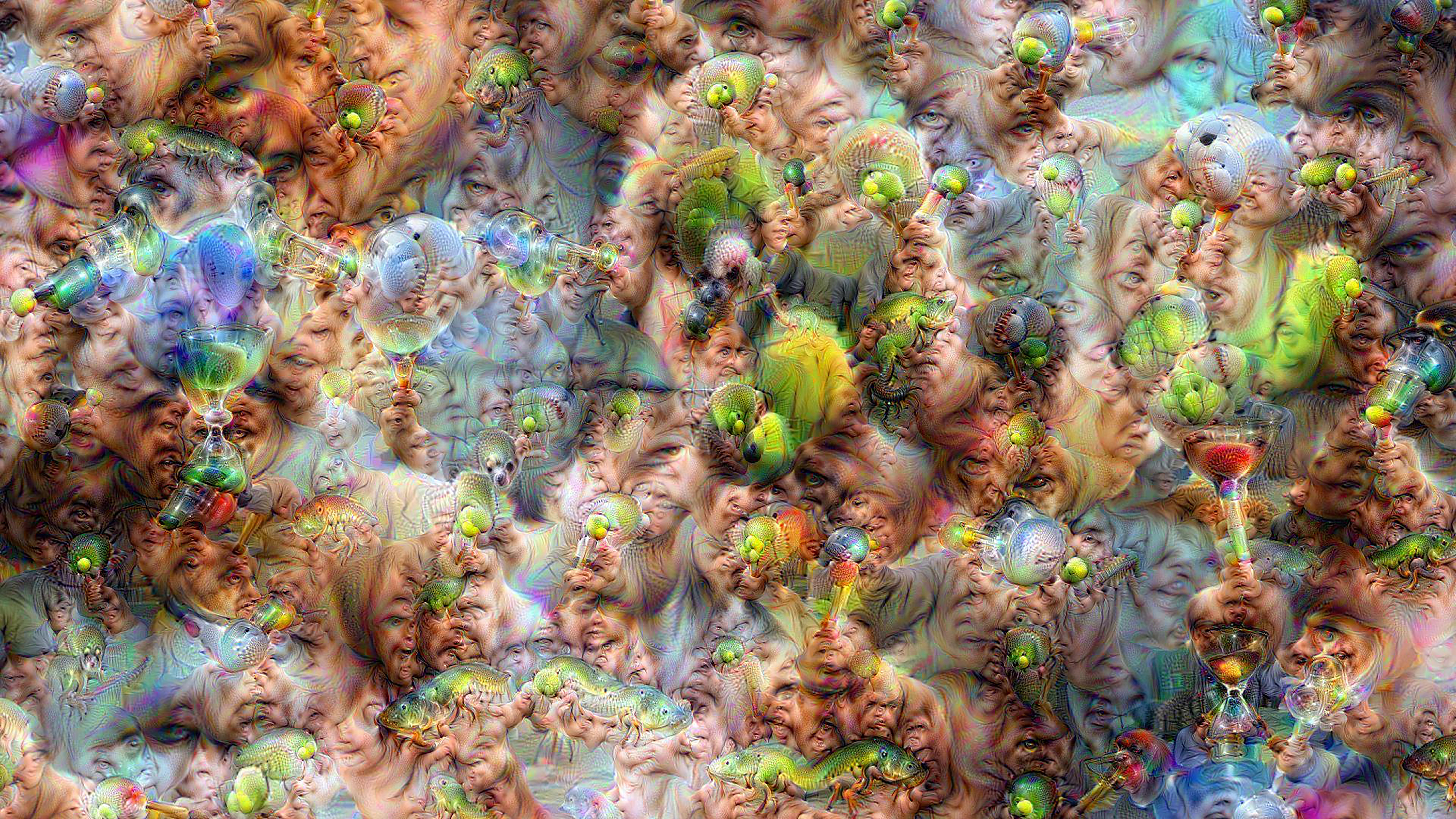 The screenshot shows a psychedelic cosmos of data. Abnormal hybrids of human heads, animals and objects appear.