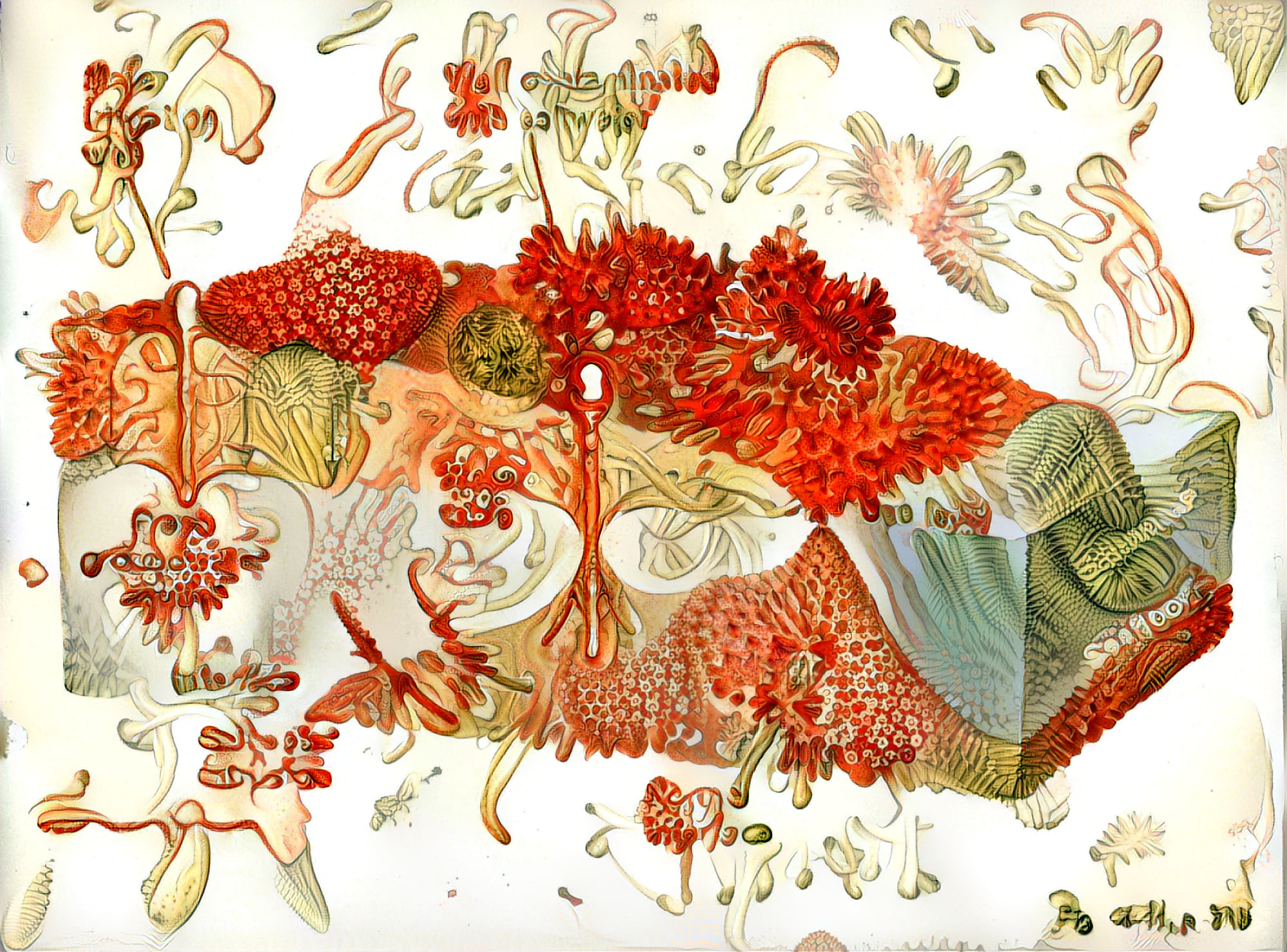A drawing can be seen whose basic form is reminiscent of a cross section of the soil. However, this is no longer divided into soil layers, but a convolute of different entities. The tubular bulges radiate in red colour.