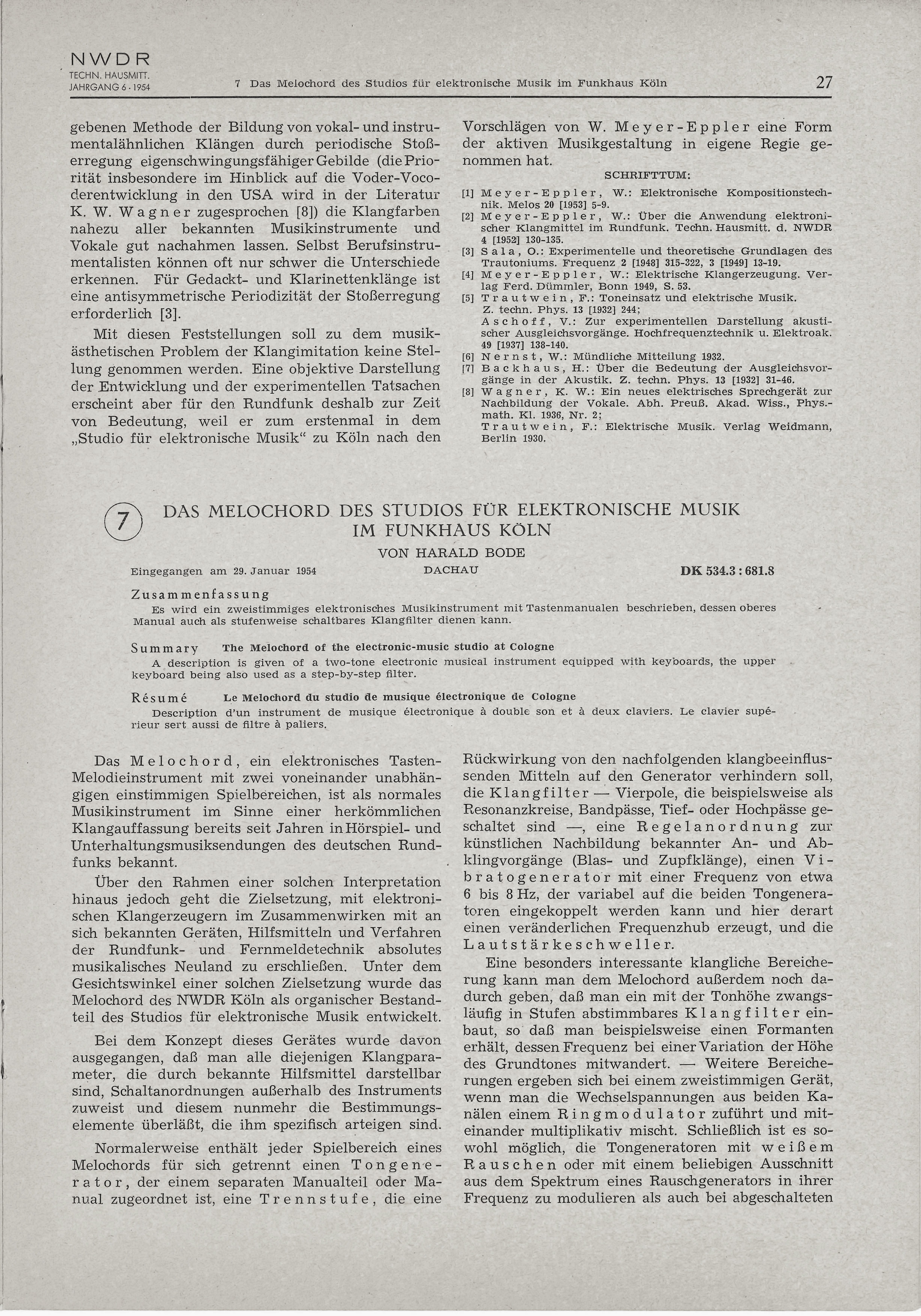 Harald Bode: »Das Melochord des Studios für elektronische Musik im Funkhaus Köln« (1954)