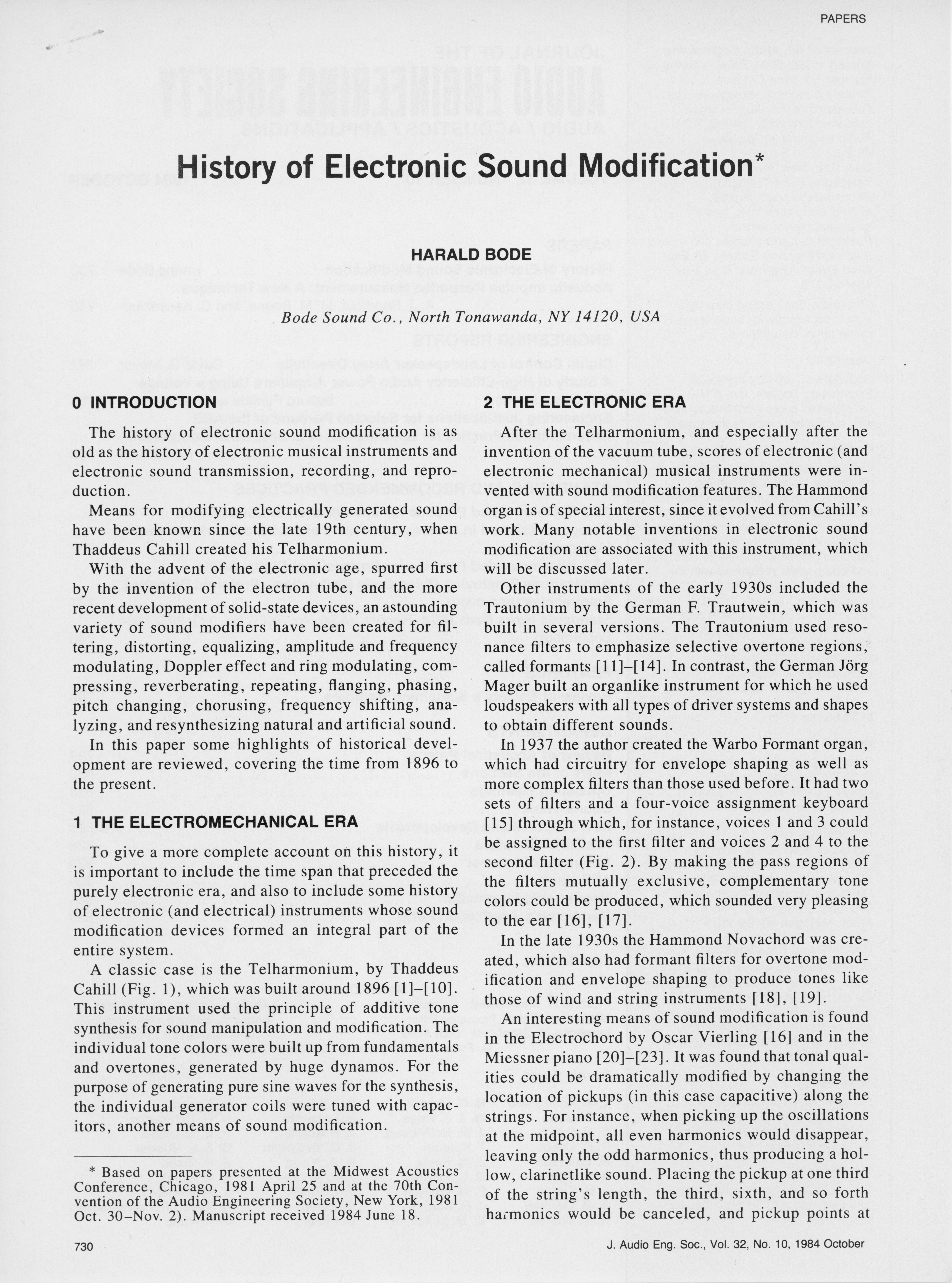 Harald Bode: »History of Electronic Sound Modification [Geschichte der elektronischen Klangveränderung]« (1984)