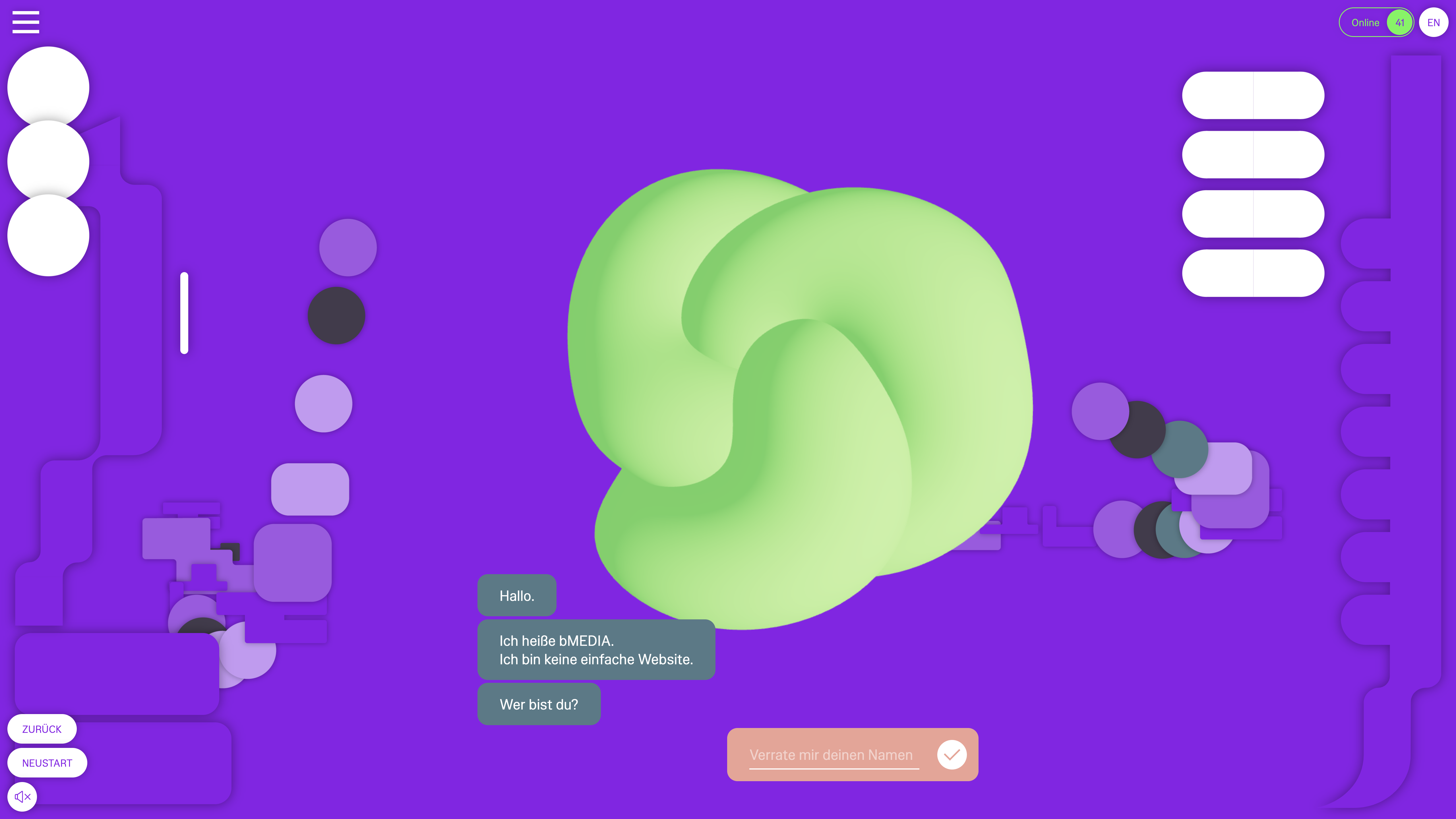 Digitale Plattform der Ausstellung »BioMedien«. Zu sehen ist ein animiertes, knotenähnliches, grünes Objekt auf einem violetten Hintergrund.