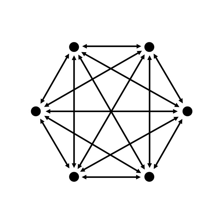 Zu sehen ist ein Hexagon mit Punkten an jeder Ecke und Querverbindungen im Inneren