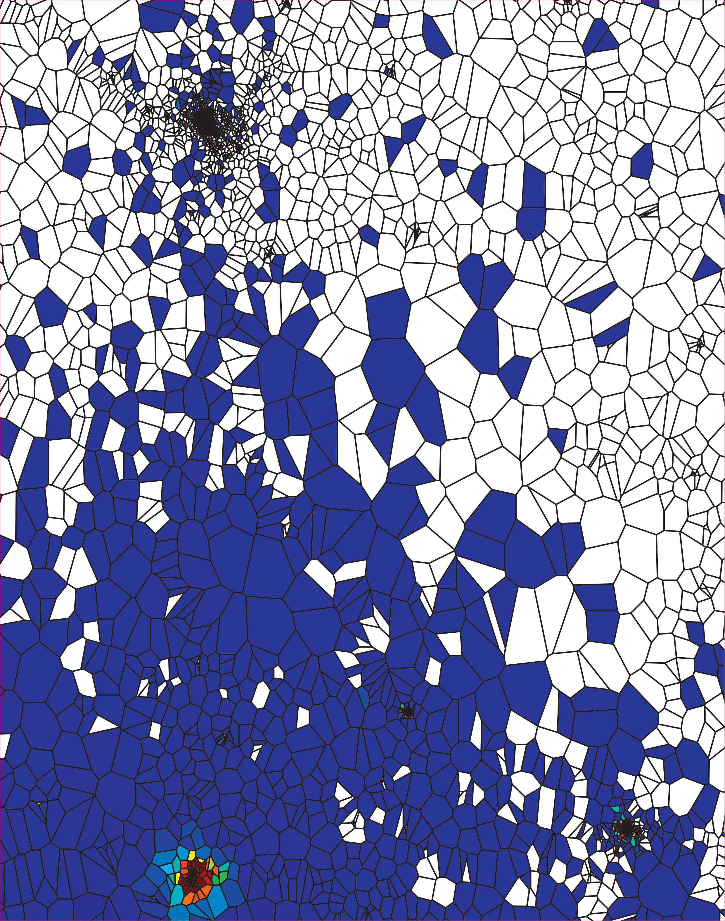 Geographical maps with lines similar to a cell structure. Coloured cells represent the virus-infected areas, which continue to spread from image to image until they cover the entire map.