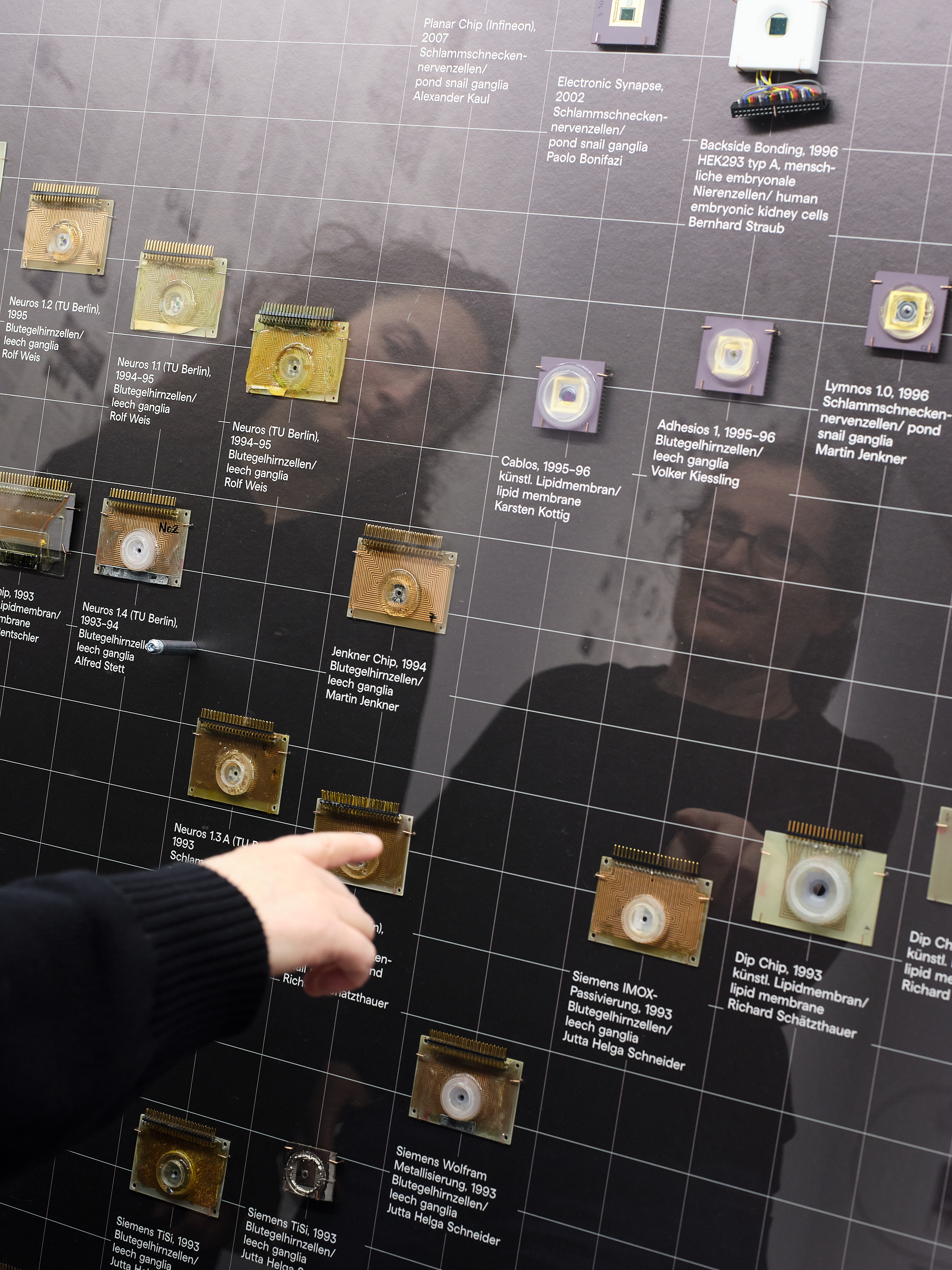 »Stammbaum des Neurochips« von Dorcas Müller. Zu sehen ist ein Finger, der auf eine Wand mit Neurochips zeigt. Diese sind untertitelt und befinden sich auf einer schwarz-weiß karierten Fläche.