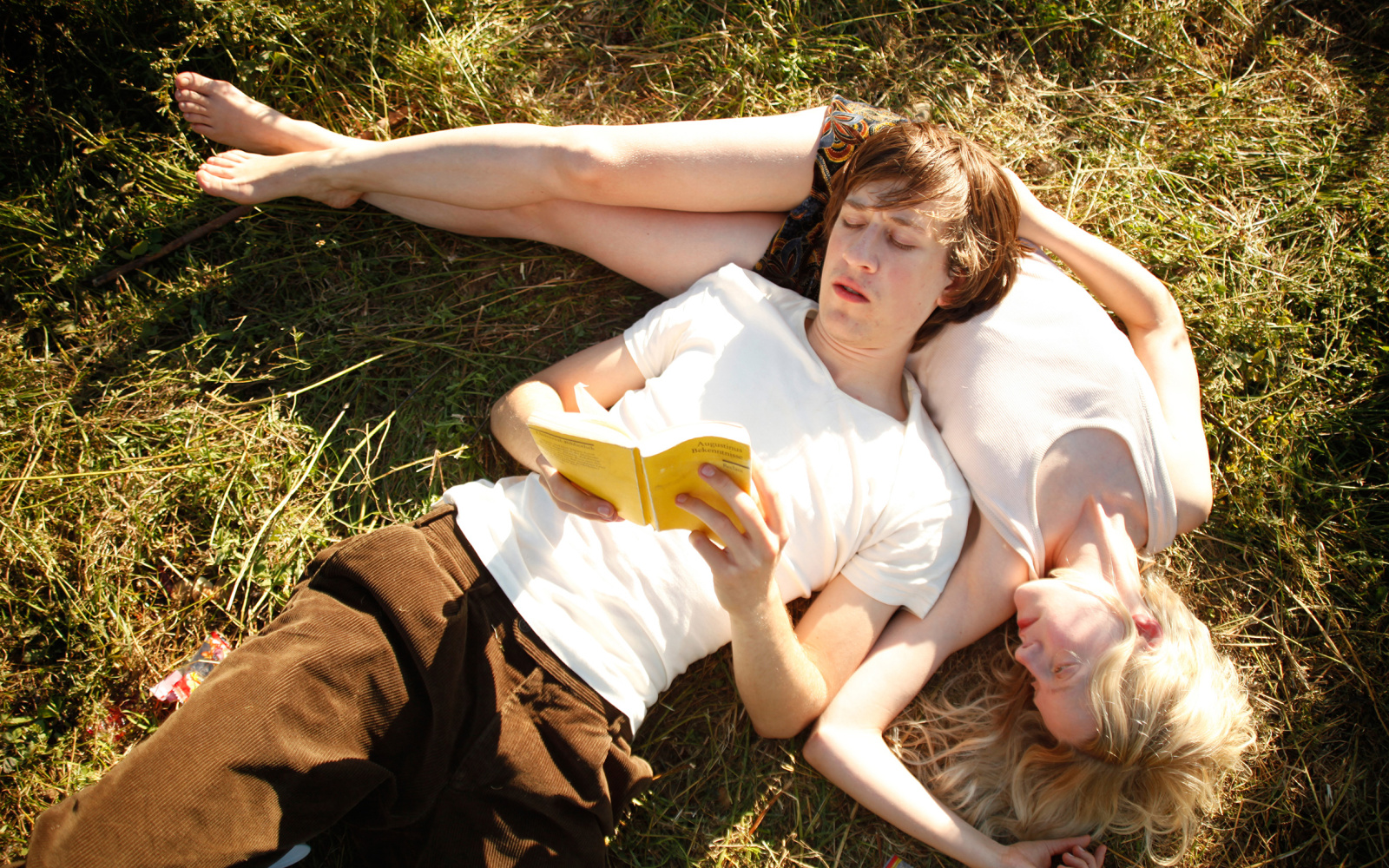 A young lovers couple with a book on a meadow 