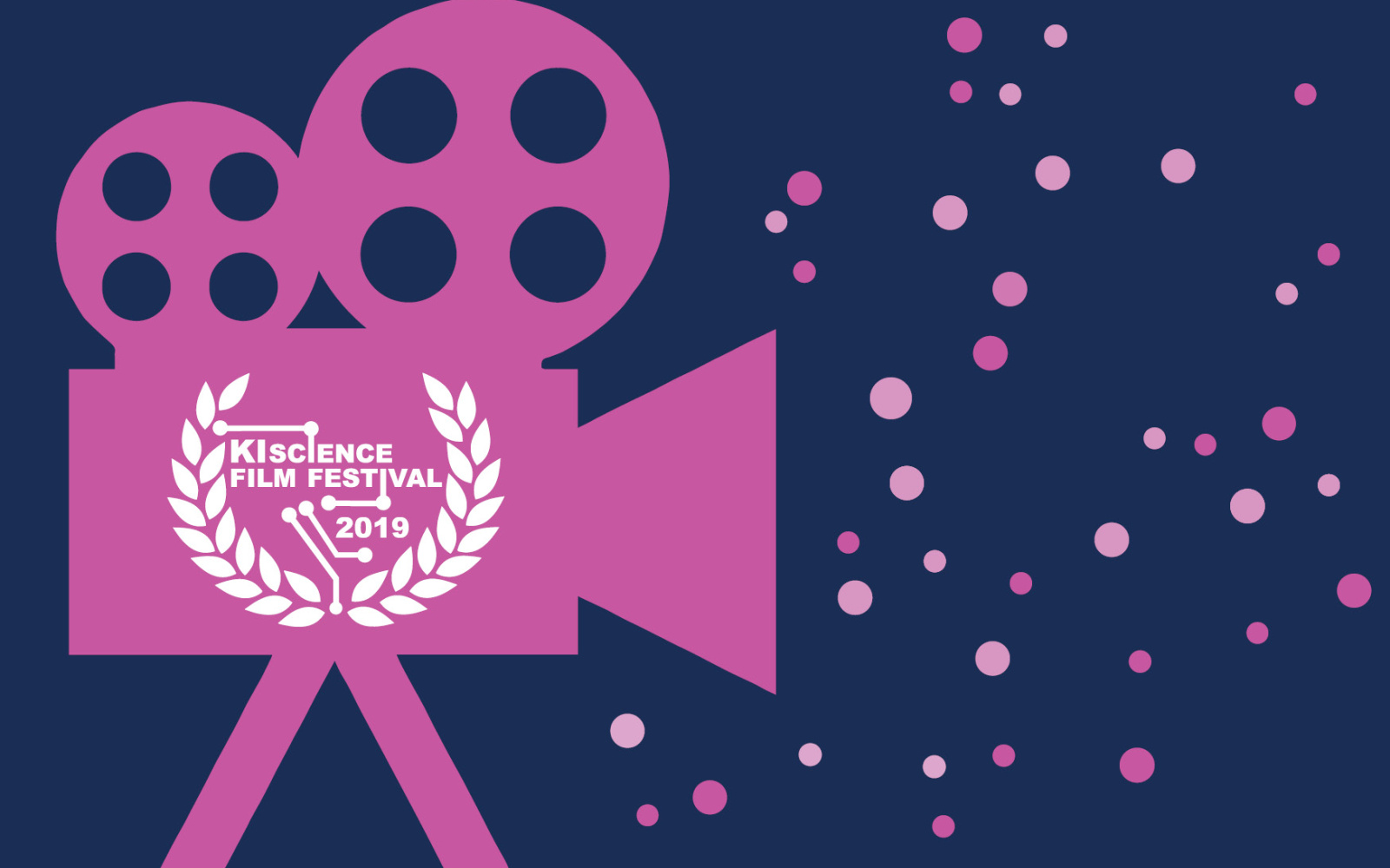 Graphik des KI Science Film Festivals 2019 mit einem rosa Kamera Icon vor einem dunklen Hintergrund.
