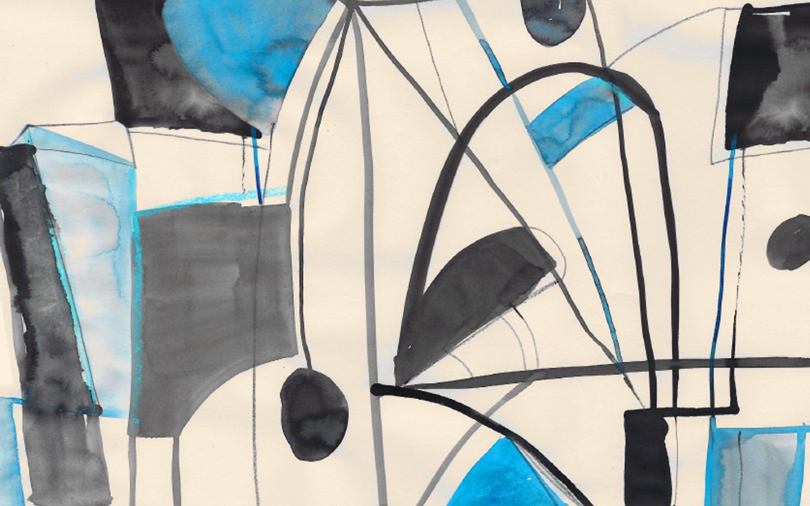 An abstract painting with black and blue forms against a white background.