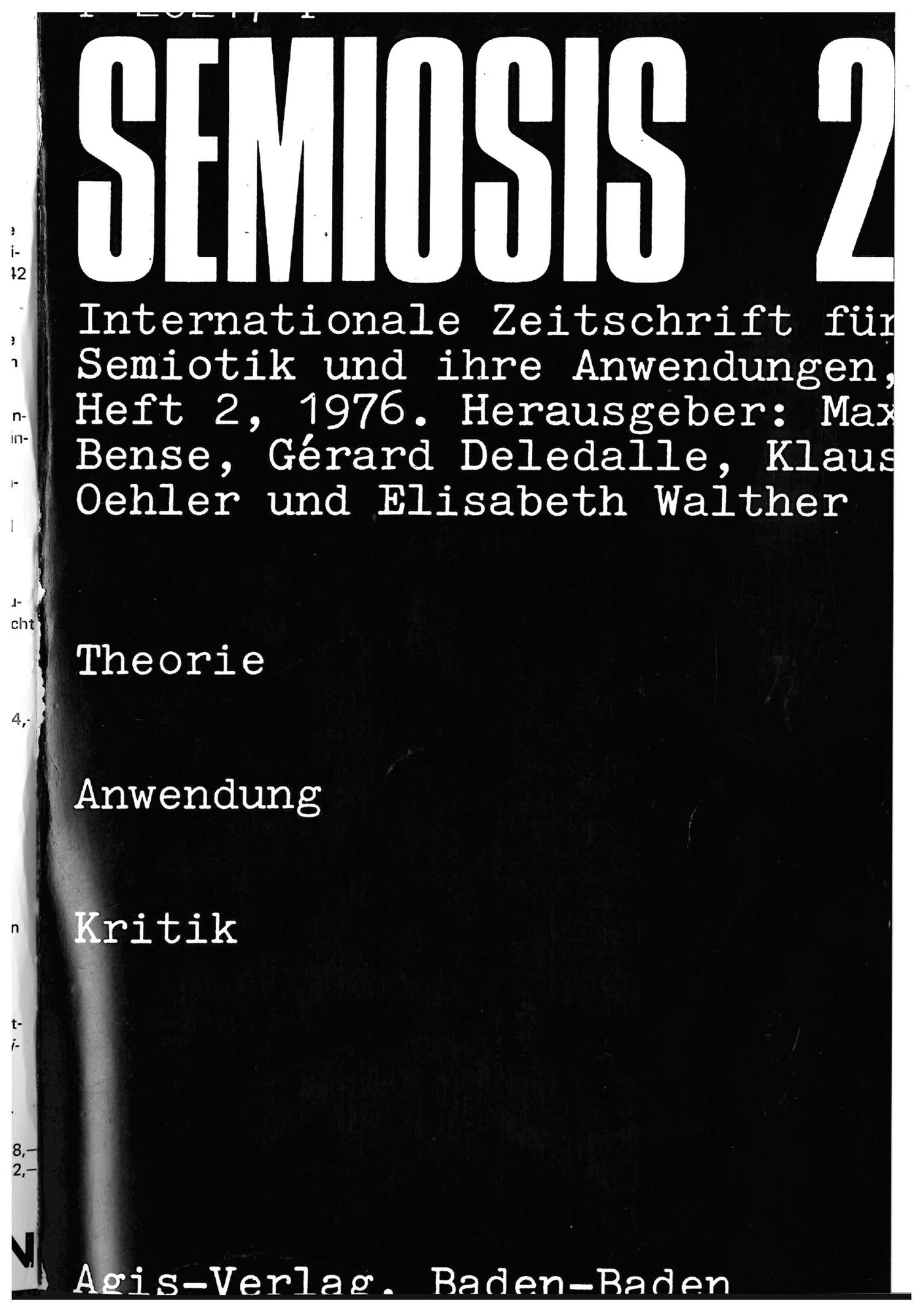 Cover of the magazine "semiosis": white text on black background