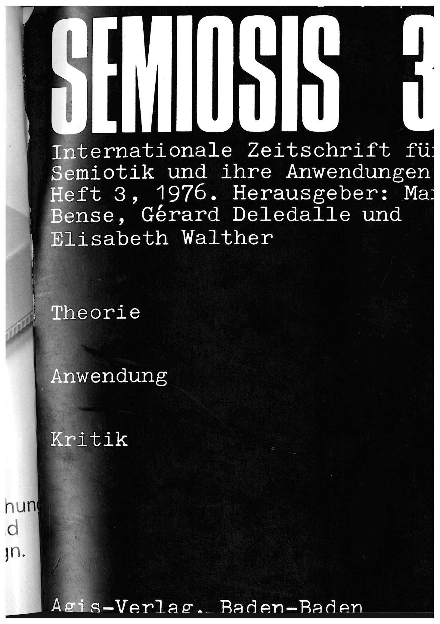 Cover of the magazine "semiosis": white text on black background