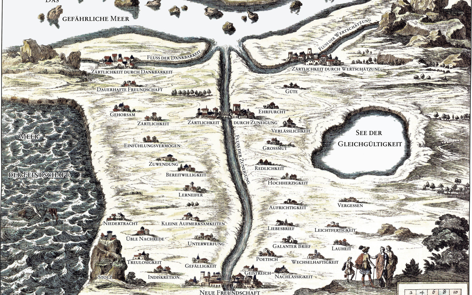 Eine kolorierte Landkarte aus dem 17. Jahhundert. Die Namen der Dorfer und Gewässer sind Bezeichnungen von Gefühlen.