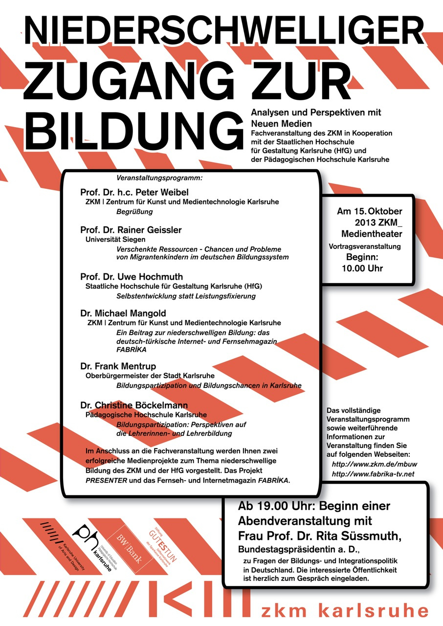 Poster for "low-threshold access to education" in white-black-red design.