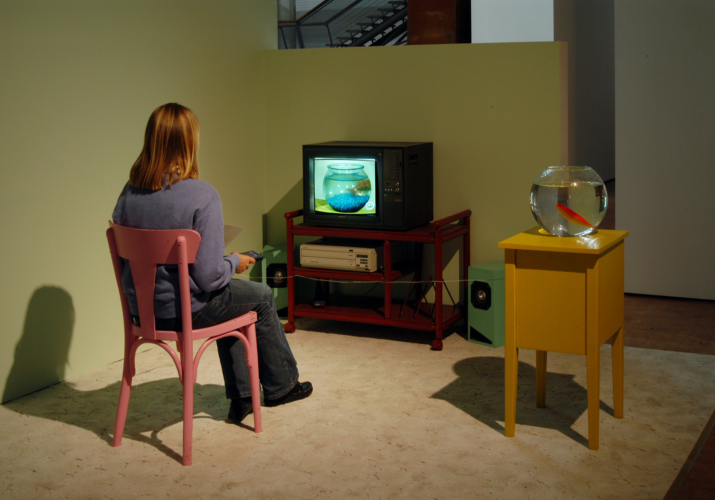 Eine Frau sitzt vor einem kleinen Fernseher, neben ihr ein rundes Goldfischglas
