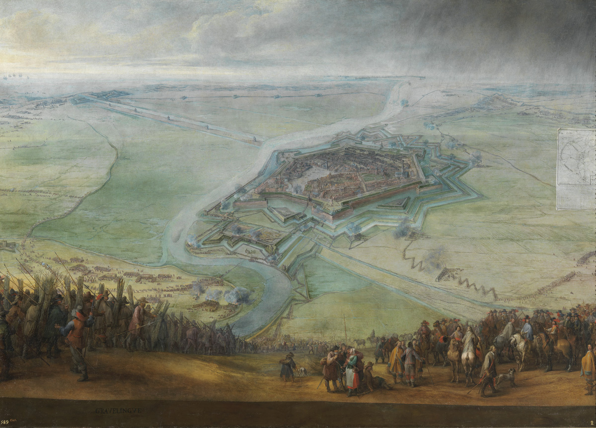 Militärische Belagerung einer Stadt. Gemälde aus dem 17. Jahrhundert. 