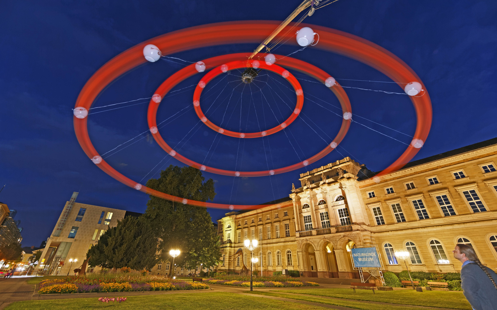 A huge red centrifugal in Karlsruhe night sky