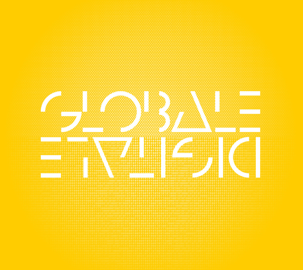 A yellow background. In white letters GLOBALE and upside-down DIGITALE