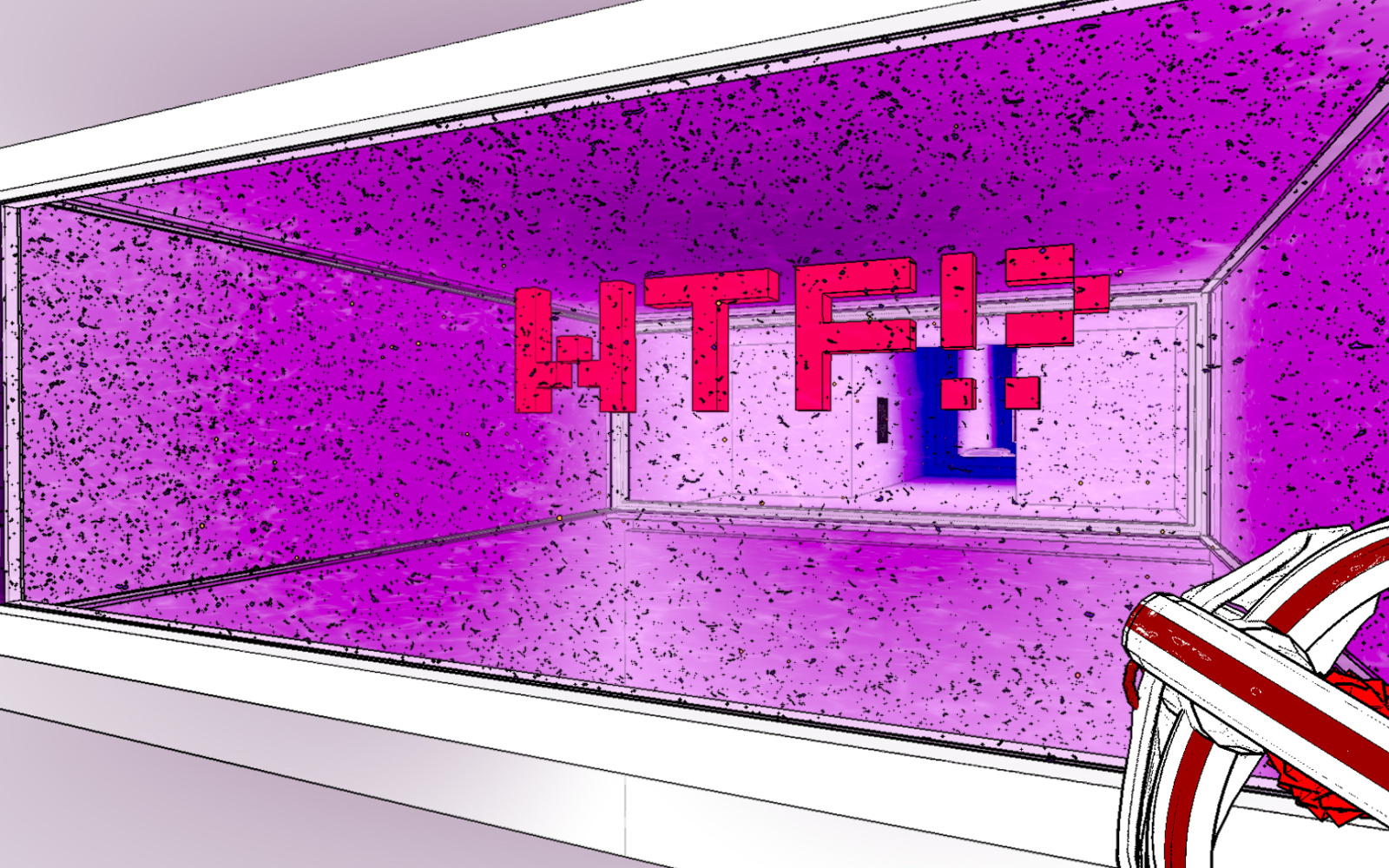 Screenshot taken from a Computergame: big red letters that say WTF!? in the middle of a purple room