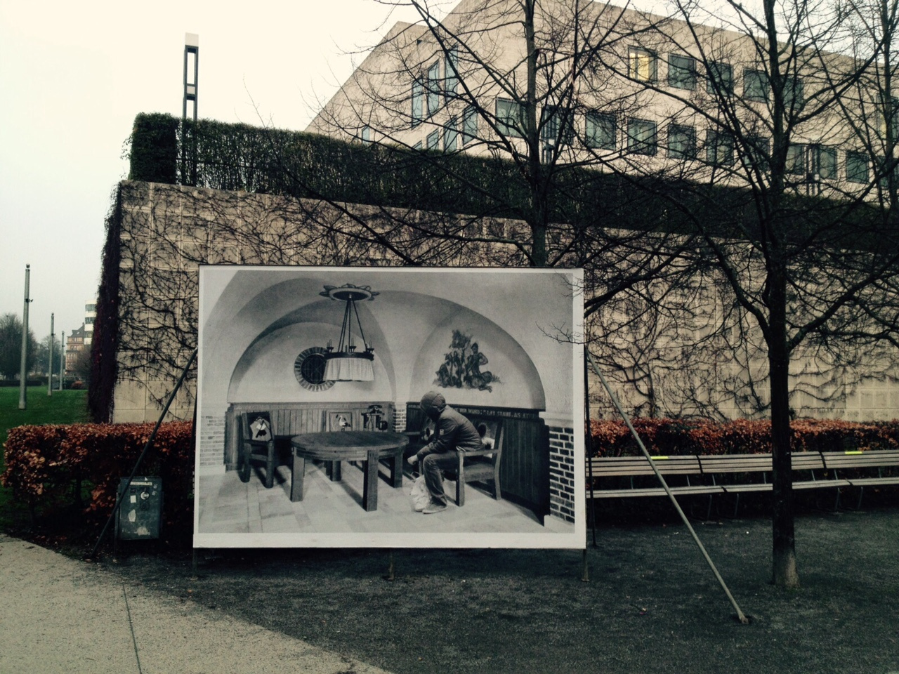 A huge picture in front of a bank