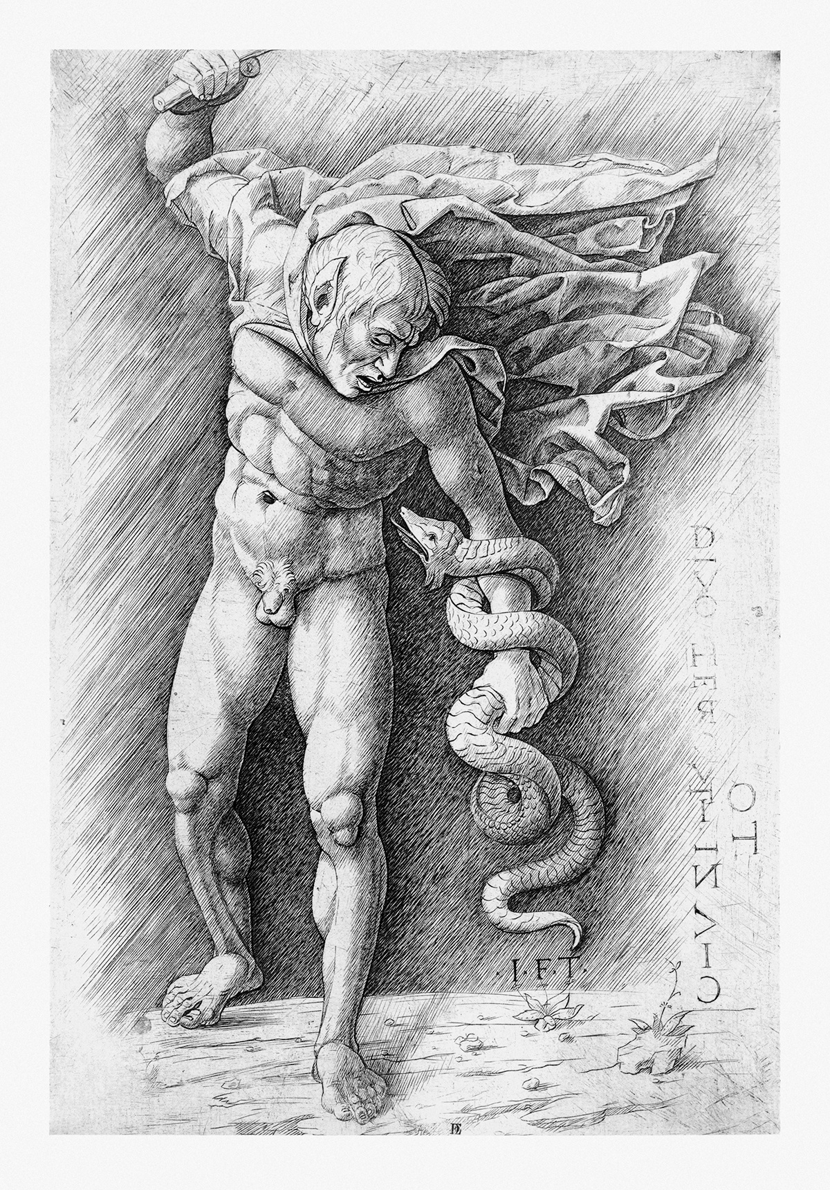 An engraving of a naked man who fights with a snake