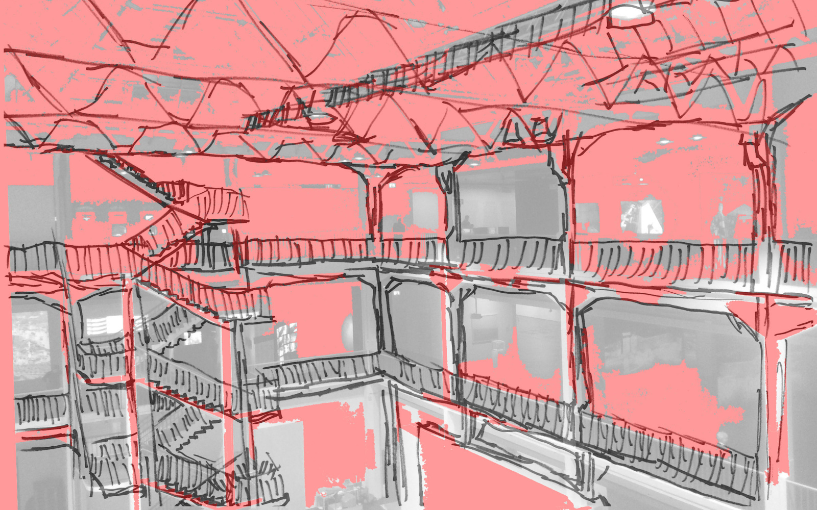 Red and grey painting of an atrium