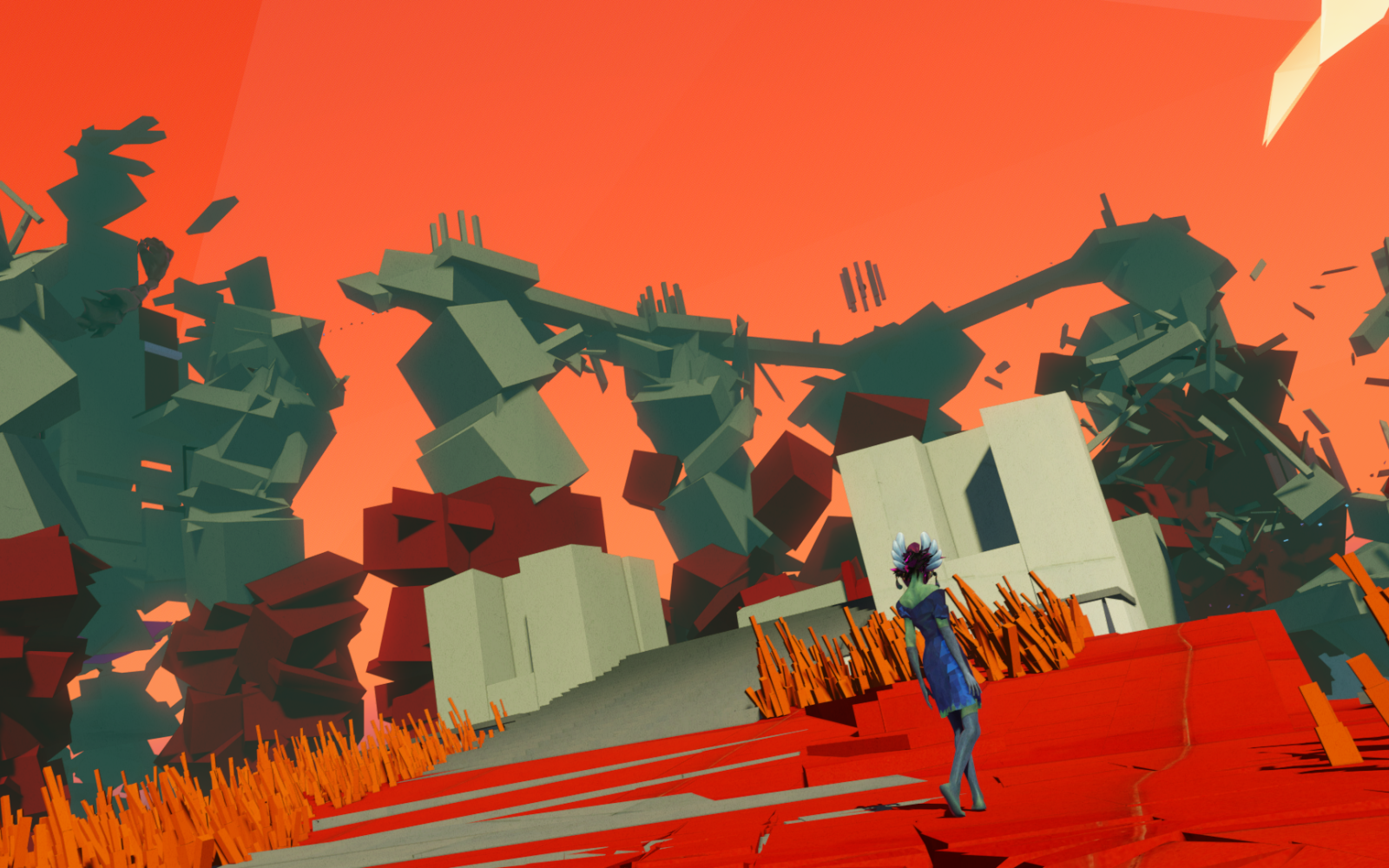 Screenshot: surreale Traumwelt mit abstrakten Formen und einer rötlichen Farbgebung mit warmen Kontrasten