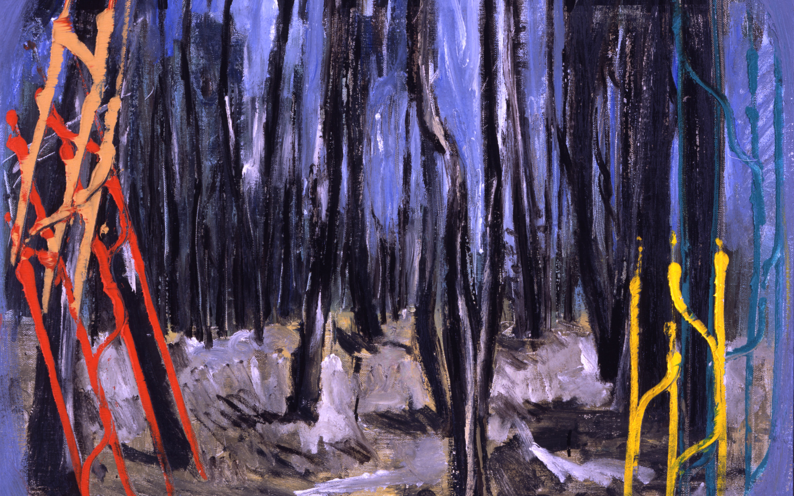 An abstract painting of a forrest in violet, yellow and red.