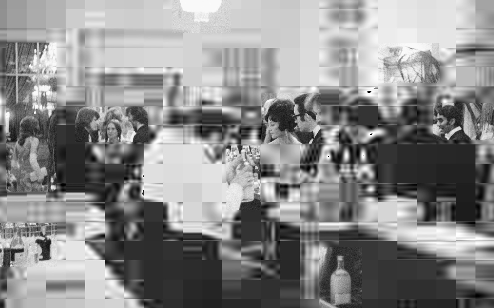 Partially pixelated black and white image of an evening event.