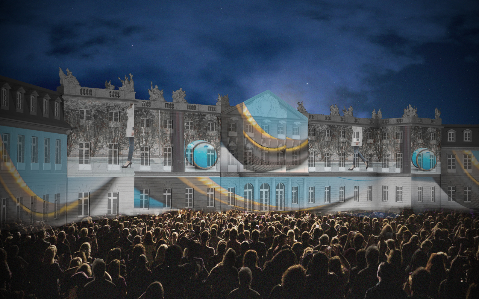 Blau/Graue Lichtprojektion auf Schloss vor Publikum