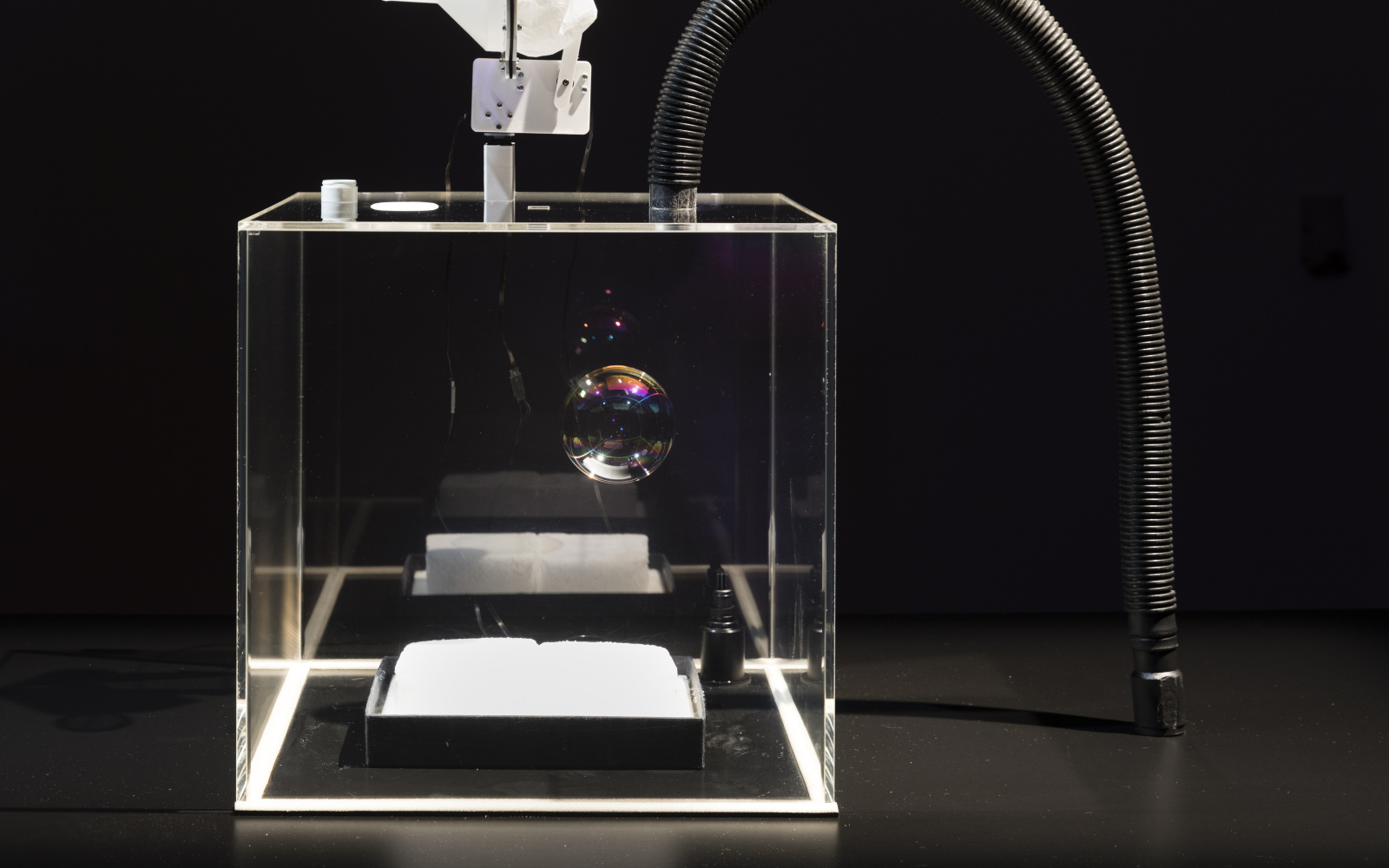 A soap bubble floats in a glass box. A hose and other equipment are connected to the box.