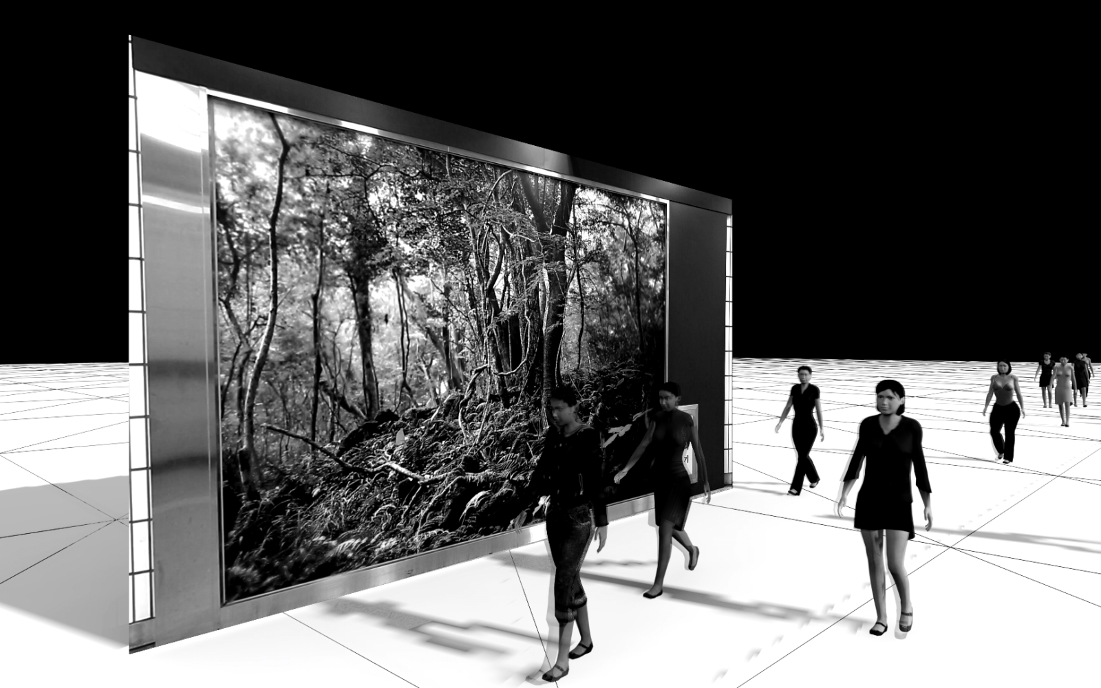 In a virtual space, virtual people walk past a virtual picture of a forest.