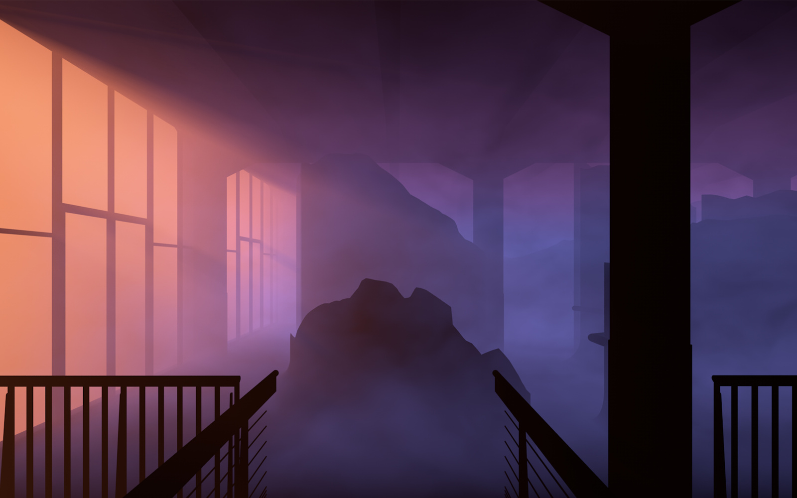 A rendered graphic in purple shades, it shows a shady rock landscape inside a building.