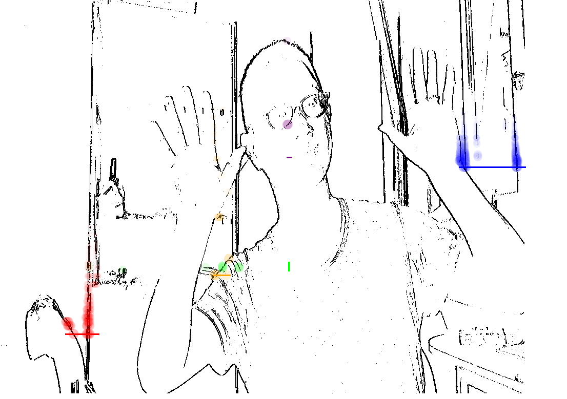 Zu sehen sind graphische Partituren eines Mannes mit Brille, der seine Hände auf Kopfhöhe hält