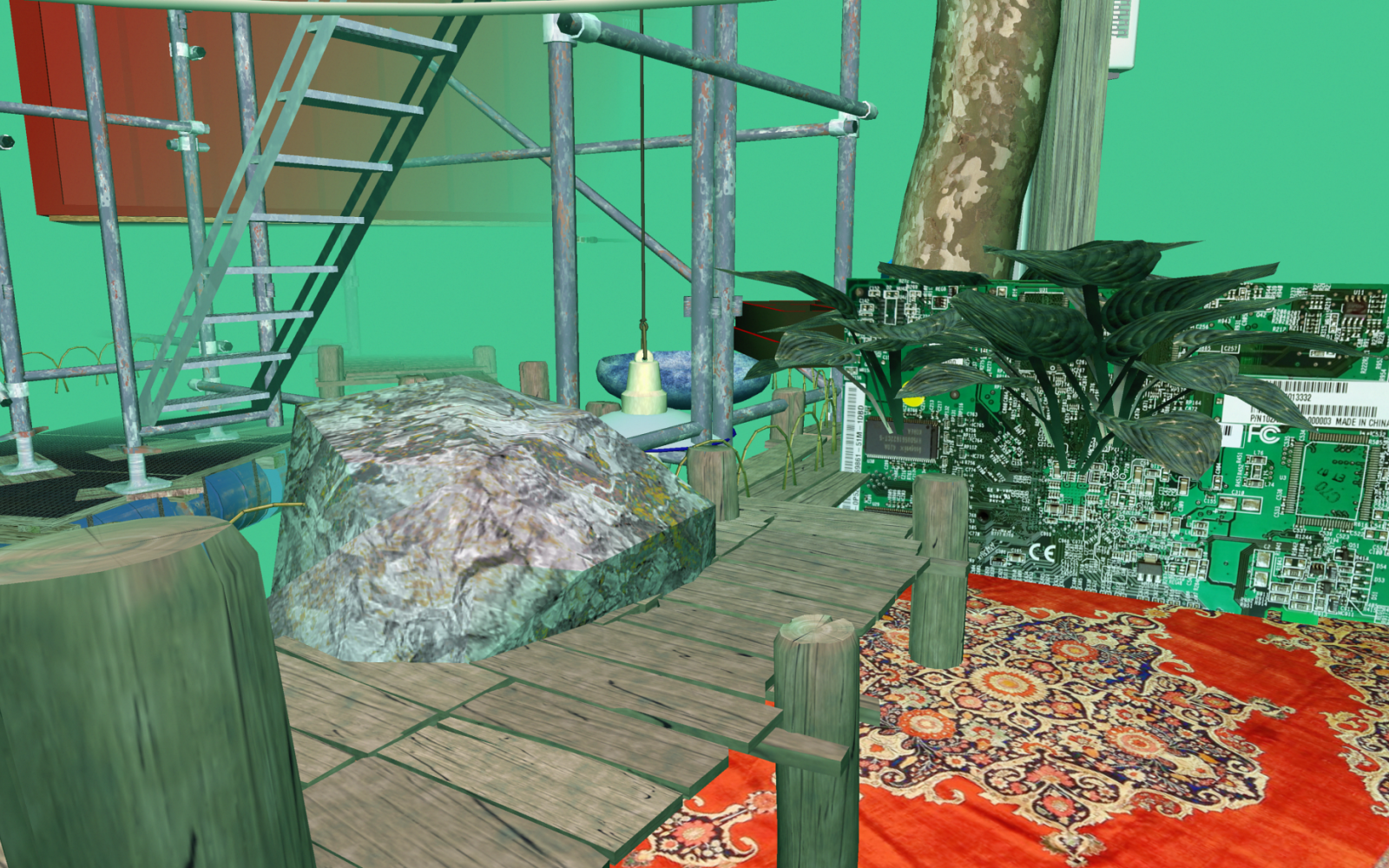 Imaginäre 3-D-Landschaft mit Baustellengerüst, Perserteppich, Pflanzen und einem Holzsteg