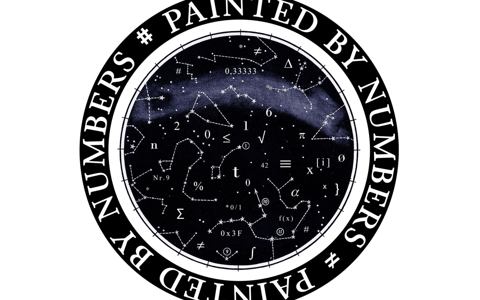 The picture shows a disc in the middle of which zodiac sign like shapes, numbers and letters in white can be seen in front of a dark background with the Milky Way. At the edge of the disc is written in a semicircle »Painted by Numbers«