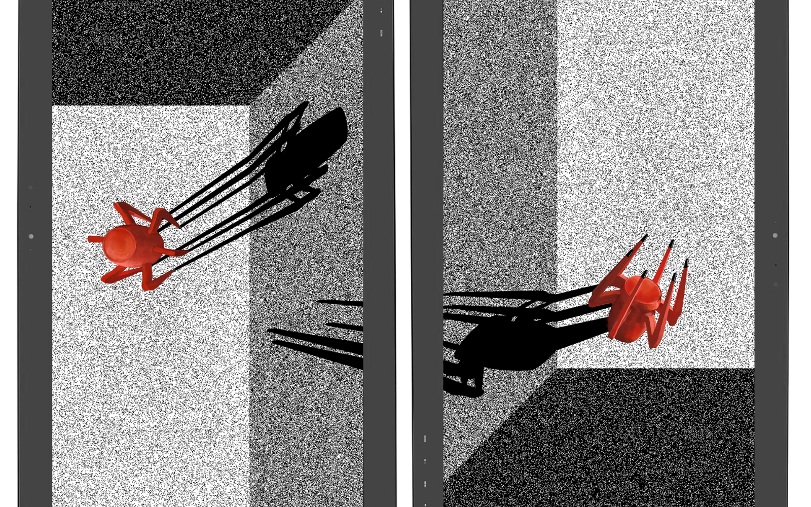 Two rectangular drawings in different shades of grey with a spider-like red figure cast a large shadow 