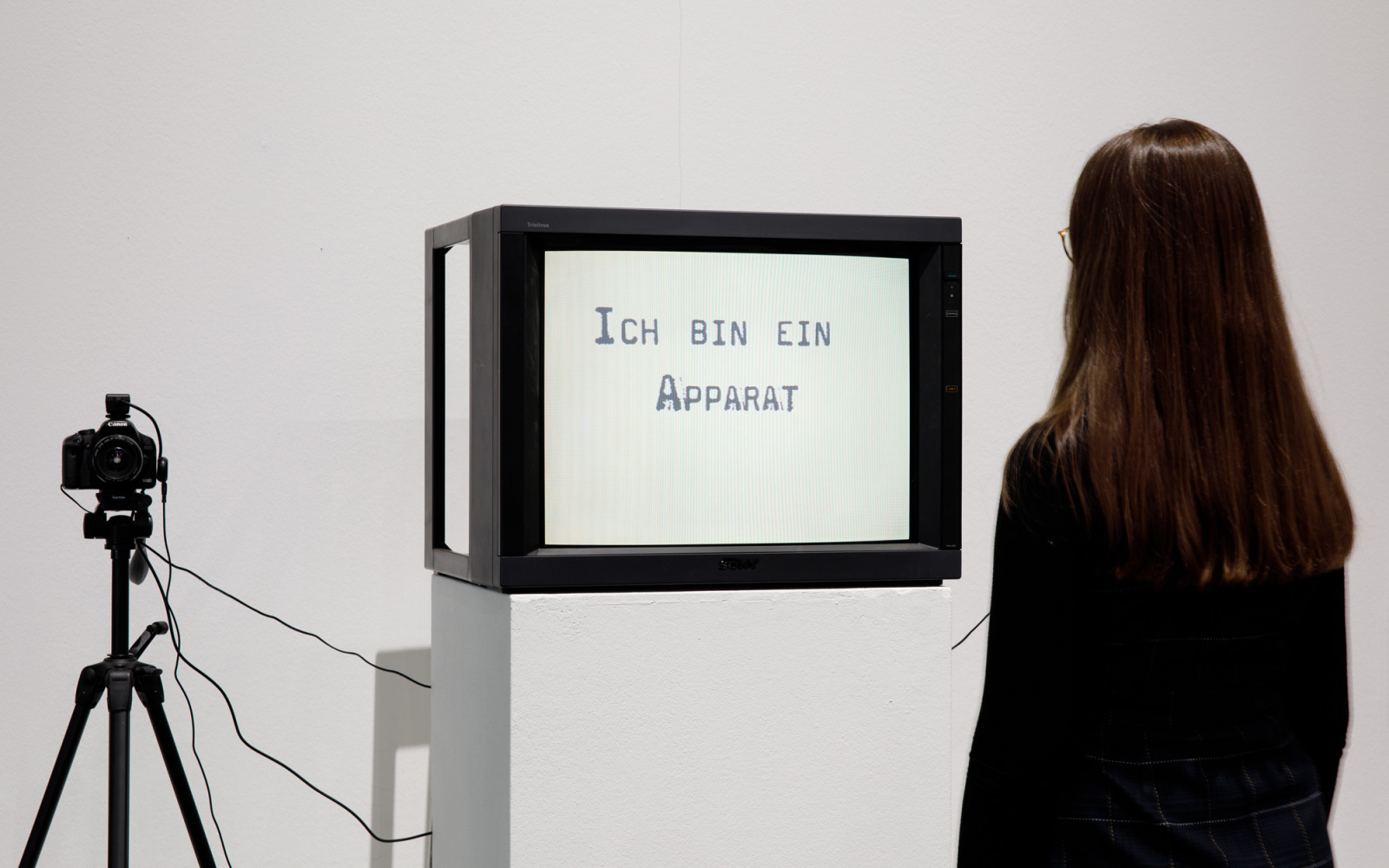 On the left a photo camera. in the middle at eye level a television screen. On the display the inscription: »Ich bin ein Apparat« (I am an apparatus). On the right there is a brown-haired woman, looking at the screen, her back to the viewer.