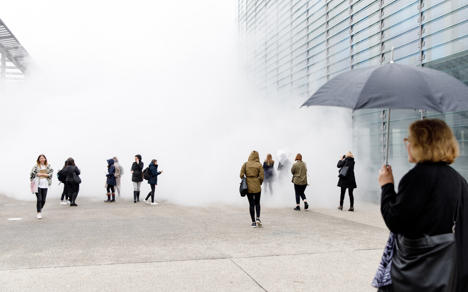 Eine Skulptur aus dichtem Nebel umschließt ein gläsernes Gebäude.