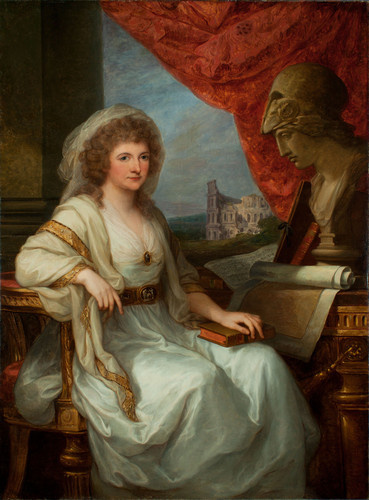 Zu sehen ist ein Gemälde auf dem eine Frau sitzt mit einem Buch in der Hand und einer Büste neben ihr.