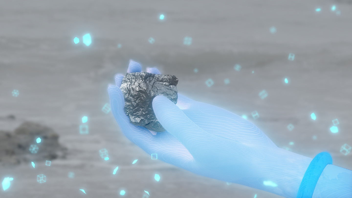 Animierte Grafik einer blauen Hand, die einen Stein hält