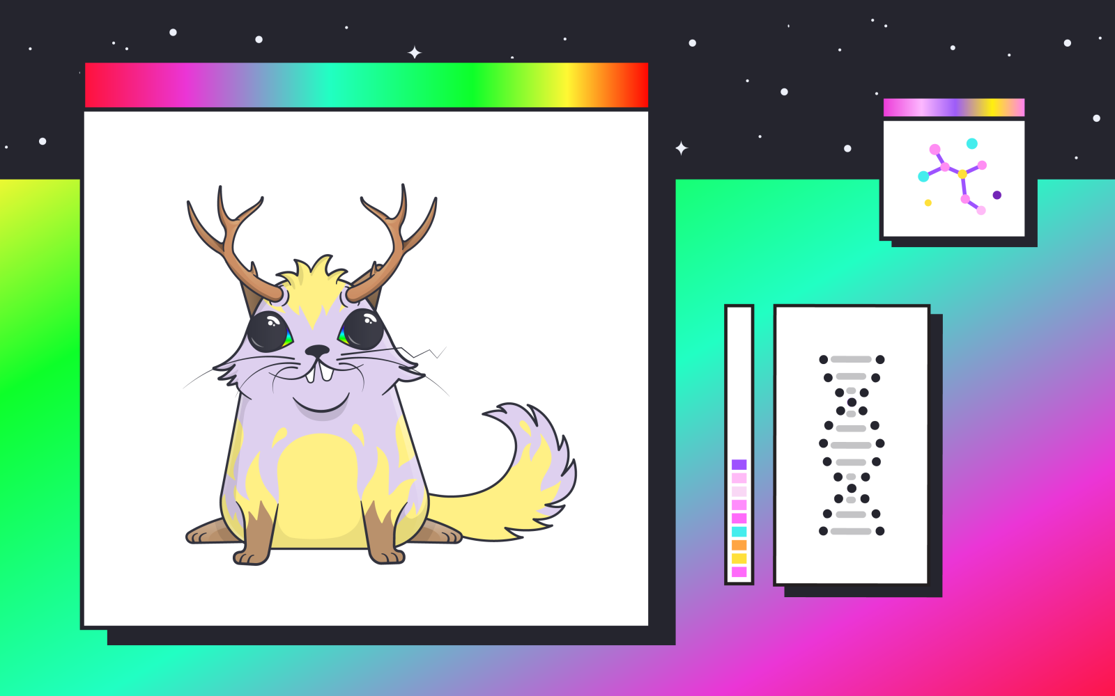 The picture shows a so-called cryptokitty and a DNA helix.
