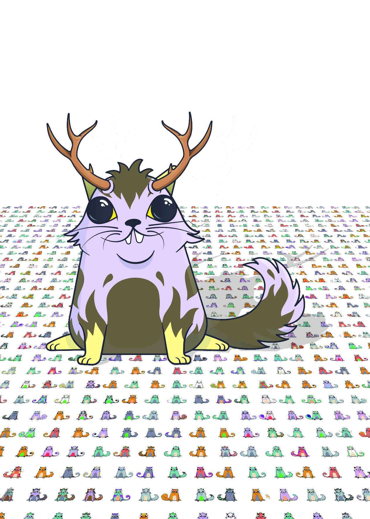 The graphic shows a so-called cryptokitty, a purple cat with deer antlers. 