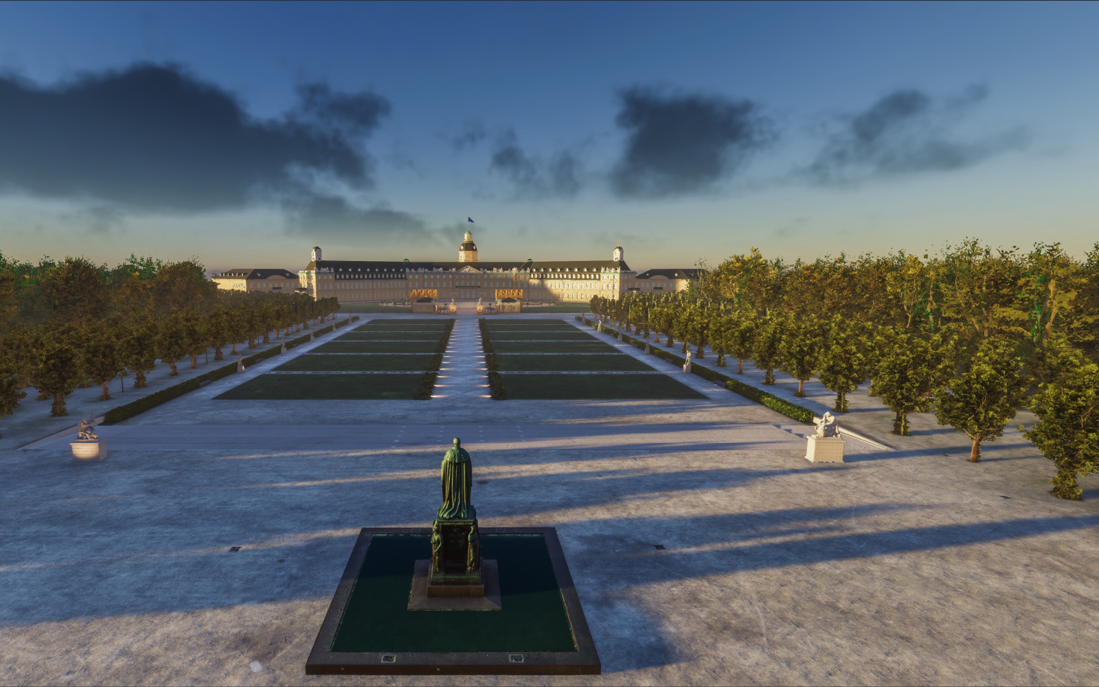The Karlsruhe palace is digitally reconstructed. It is daytime, the view is frontal to the castle, one sees the monument of Karl-Friedrich.