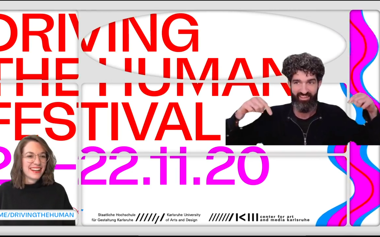 You can see a graphic on which it says "Driving the Human Festival". Left and right at the outer edge of the picture are a woman and a man, which were inserted into the graphic by green screen. The picture is a screenshot. 
