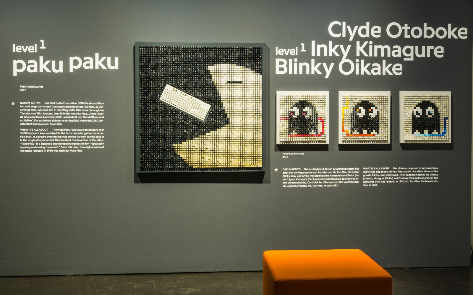 Photography from four artworks made out of keyboard keys in shape of pac man and his enemies.